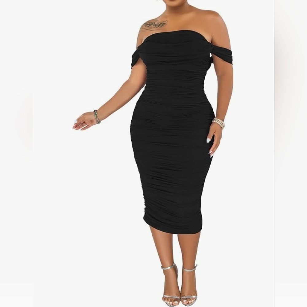 Elegant Black Ruched Off-Shoulder Midi Dress